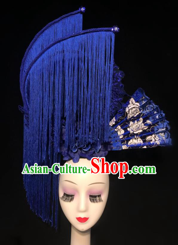 China Court Fan Hair Clasp Qipao Catwalks Fashion Headdress Handmade Bride Deluxe Tassel Headwear Stage Show Blue Hair Crown