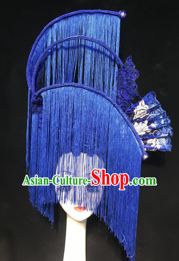 China Handmade Bride Deluxe Tassel Headwear Stage Show Hair Crown Court Blue Fan Hair Clasp Qipao Catwalks Fashion Headdress