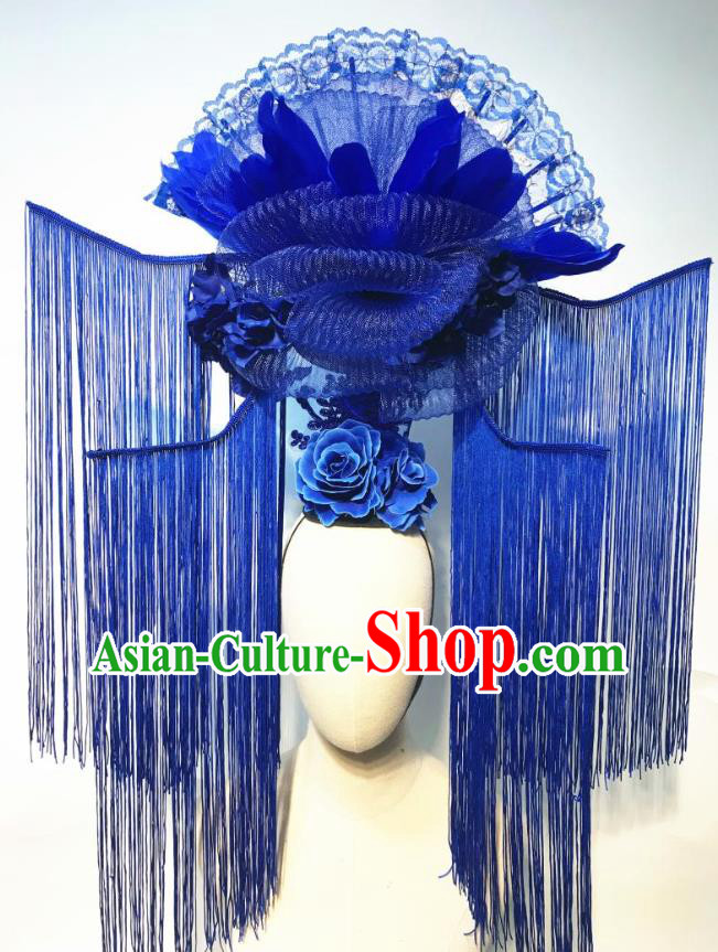 China Qipao Catwalks Fashion Headdress Handmade Bride Deluxe Tassel Headwear Stage Show Hair Crown Court Blue Feather Fan Hair Clasp