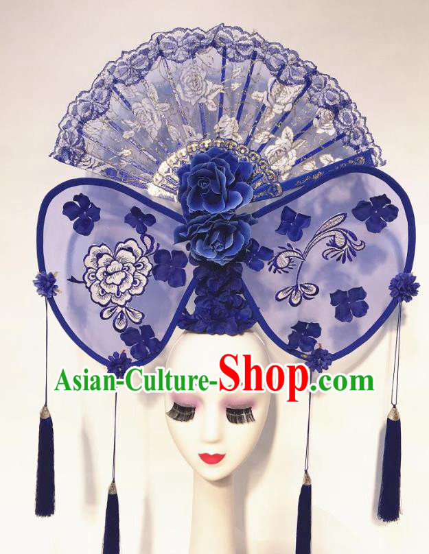 China Court Blue Lace Fan Hair Clasp Qipao Catwalks Headdress Handmade Bride Fashion Headwear Stage Show Tassel Hair Crown