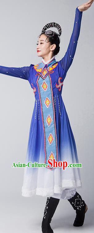 China Mongolian Nationality Folk Dance Clothing Mongol Ethnic Stage Performance Garments Evenki Dance Blue Dress