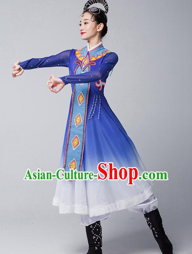 China Mongolian Nationality Folk Dance Clothing Mongol Ethnic Stage Performance Garments Evenki Dance Blue Dress