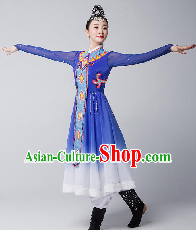 China Mongolian Nationality Folk Dance Clothing Mongol Ethnic Stage Performance Garments Evenki Dance Blue Dress