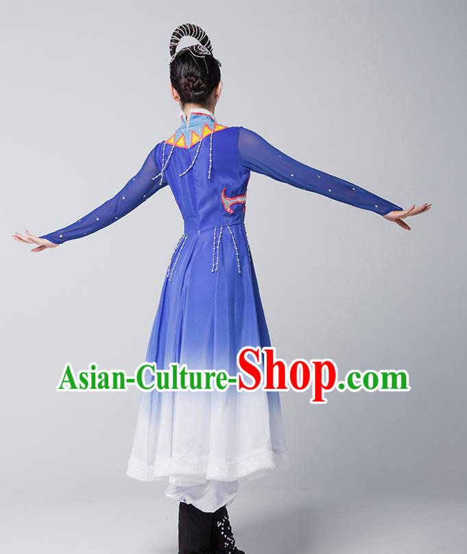 China Mongolian Nationality Folk Dance Clothing Mongol Ethnic Stage Performance Garments Evenki Dance Blue Dress
