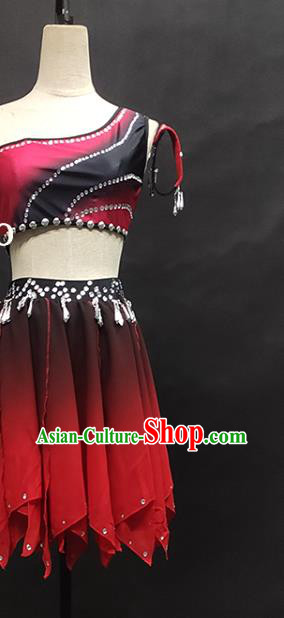 China Minority Folk Dance Rosy Dress Wa Nationality Dance Clothing Xiangxi Ethnic Stage Performance Garments