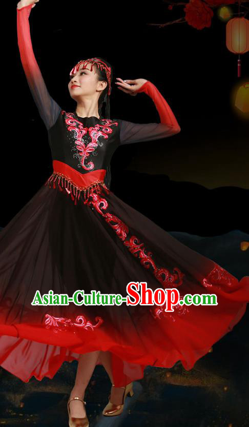 China Uygur Nationality Stage Performance Clothing Xinjiang Ethnic Dance Garments Uyghur Minority Folk Dance Black Dress