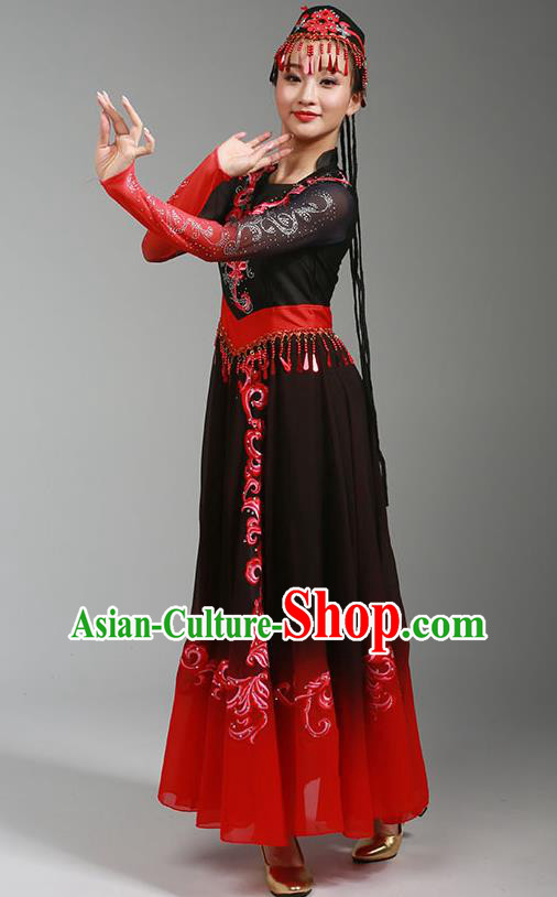 China Uygur Nationality Stage Performance Clothing Xinjiang Ethnic Dance Garments Uyghur Minority Folk Dance Black Dress