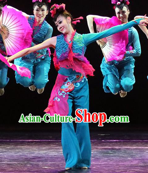 China Female Folk Dance Clothing Jiaozhou Yangko Performance Blue Uniforms Fan Dance Group Dance Garment Costume