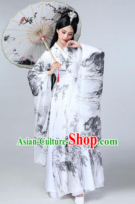 Top Chinese Woman Umbrella Dance Garment Costume Traditional Stage Performance Clothing Classical Dance Ink Painting Bamboo White Dress