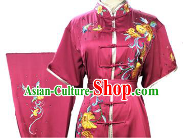 Chinese Wushu Competition Clothing Kung Fu Garment Costumes Martial Arts Embroidered Peony Magenta Outfits