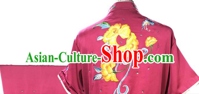 Chinese Wushu Competition Clothing Kung Fu Garment Costumes Martial Arts Embroidered Peony Magenta Outfits