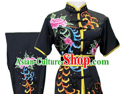 Chinese Wushu Kungfu Competition Clothing Kung Fu Garment Costumes Martial Arts Embroidered Peony Black Outfits