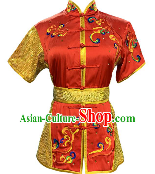 Chinese Martial Arts Wushu Embroidered Red Outfits Kungfu Competition Clothing Kung Fu Training Garment Costumes
