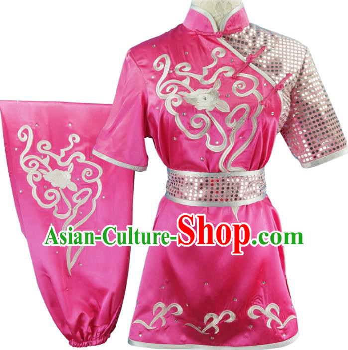 Chinese Martial Arts Wushu Embroidered Peony Rosy Silk Outfits Kungfu Competition Clothing Chang Boxing Training Garment Costumes