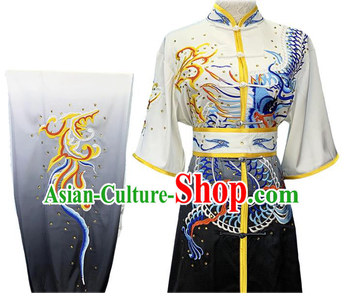Top China Martial Arts Competition Clothing Kung Fu Embroidered Dragon Gradient Grey Uniforms Wushu Performance Garment Costumes