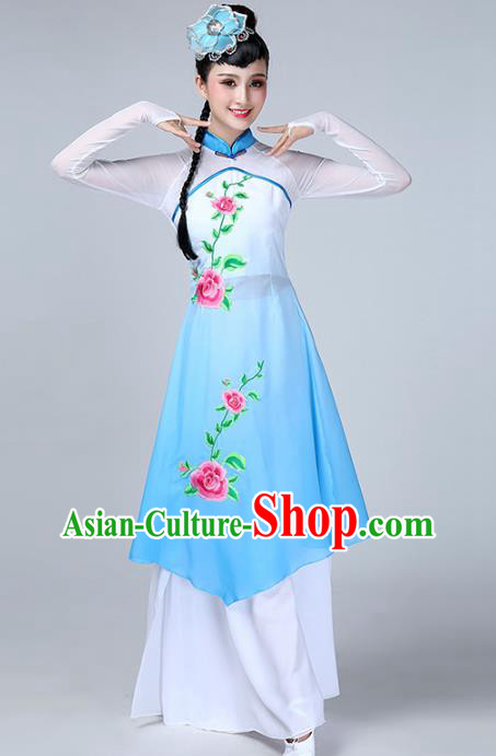 Top Chinese Woman Umbrella Dance Garment Costume Traditional Court Stage Performance Clothing Classical Dance Blue Dress