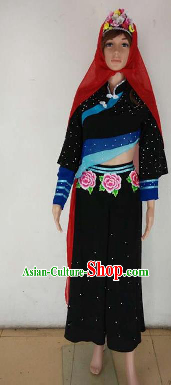 China Hui Nationality Stage Performance Clothing Ningxia Minority Dance Black Outfits Ethnic Female Dance Garments
