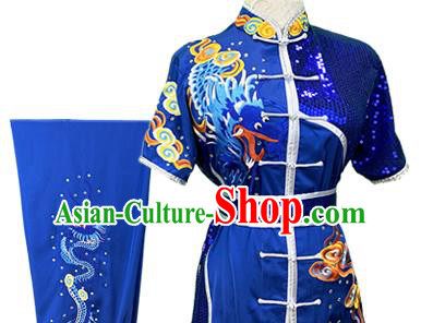 Top Chinese Kung Fu Competition Royalblue Garment Costumes Martial Arts Wushu Performance Clothing Southern Boxing Embroidered Dragon Outfits