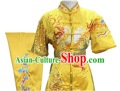 Top Chinese Southern Boxing Embroidered Dragon Yellow Outfits Martial Arts Kung Fu Competition Garment Costumes Wushu Performance Clothing