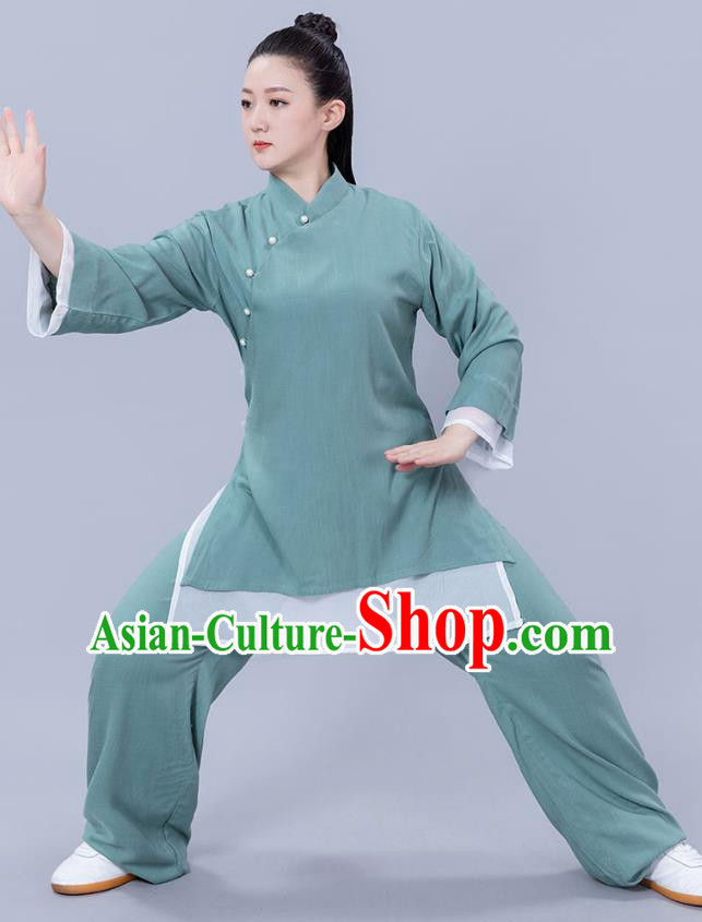 Chinese Woman Tai Ji Training Garments Martial Arts Competition Green Flax Outfits Tai Chi Performance Clothing