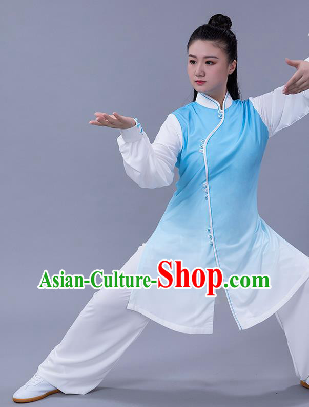 Chinese Shadowboxing Competition Blue Slant Opening Outfits Woman Tai Chi Chuan Performance Clothing Martial Arts Tai Ji Training Garments
