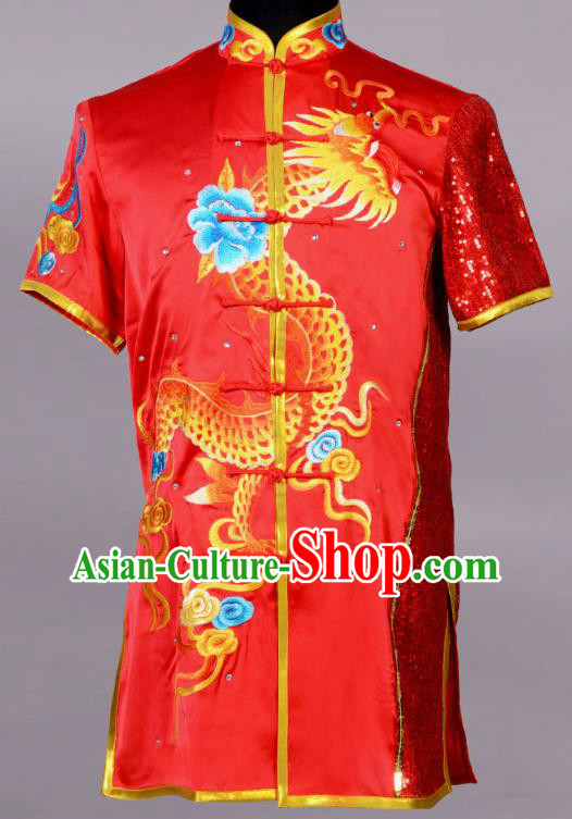 Top China Martial Arts Competition Clothing Kung Fu Embroidered Apparels Cudgel Play Performance Garment Costumes Southern Boxing Red Uniforms