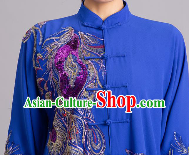 Chinese Kung Fu Tai Chi Performance Clothing Martial Arts Embroidered Sequins Peacock Royalblue Garments Tai Ji Competition Outfits