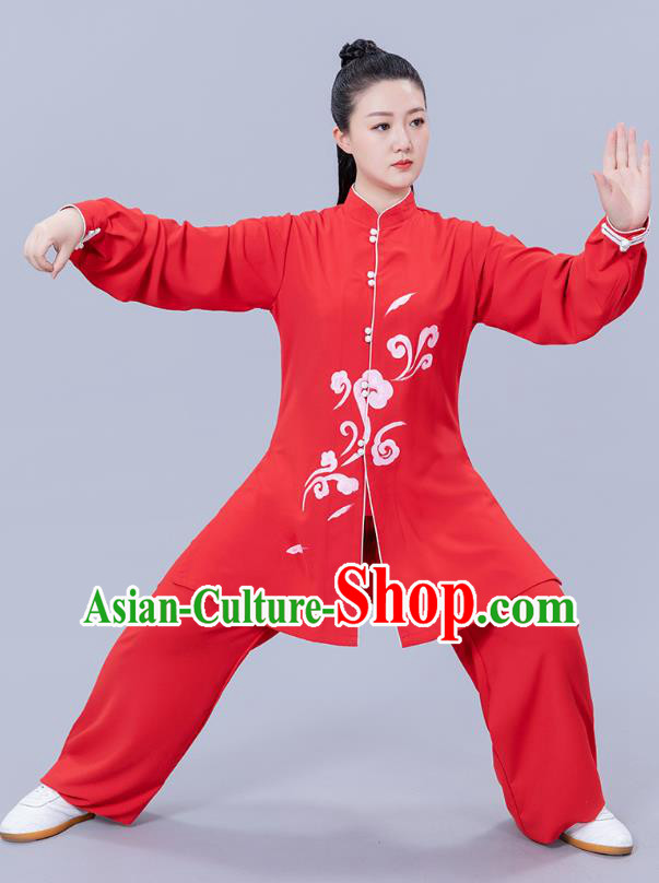 Chinese Woman Tai Ji Training Garments Martial Arts Printing Red Chiffon Outfits Tai Chi Performance Clothing