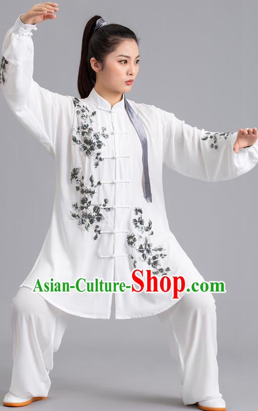 Chinese Tai Ji Competition Embroidered Sequins White Outfits Kung Fu Tai Chi Performance Clothing Martial Arts Garments