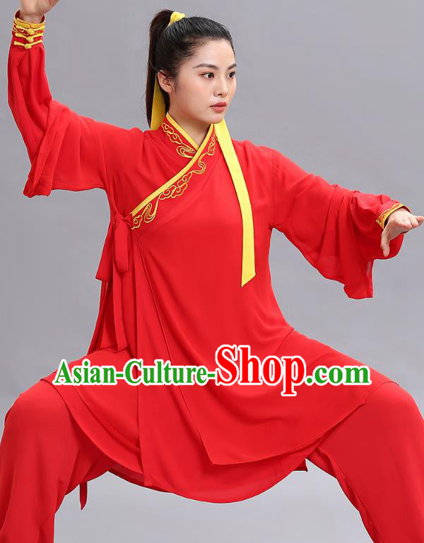Chinese Martial Arts Performance Garments Tai Ji Chuan Embroidered Red Outfits Tai Chi Kung Fu Competition Clothing
