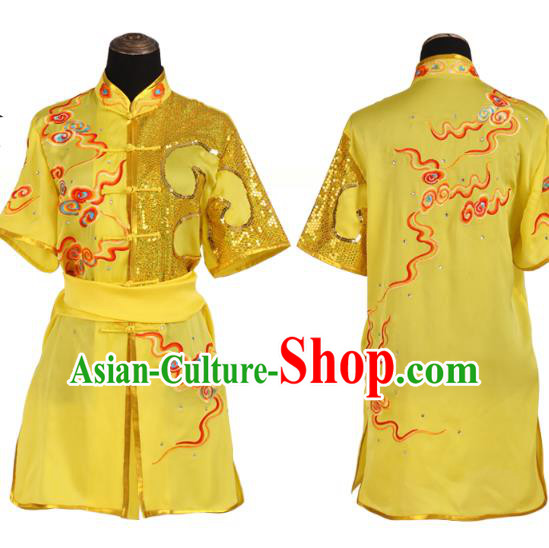 China Wushu Training Uniforms Martial Arts Clothing Kung Fu Embroidered Cloud Yellow Suits Southern Boxing Garment Costumes