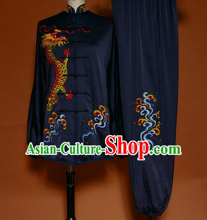 China Kung Fu Tai Ji Suits Tai Chi Competition Navy Uniforms Martial Arts Embroidered Dragon Garment Costumes