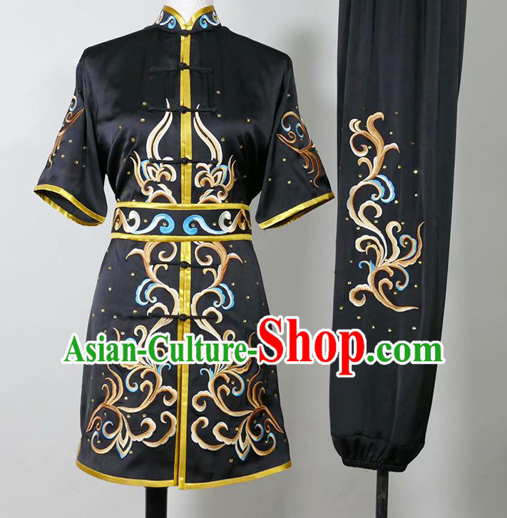 China Martial Arts Garment Costumes Kung Fu Tai Ji Performance Black Suits Changquan Boxing Competition Embroidered Uniforms