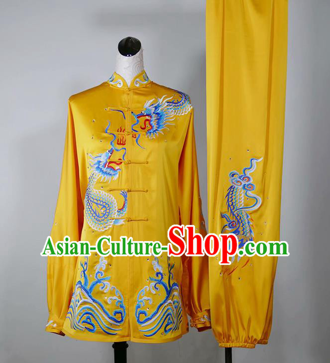 China Kung Fu Tai Ji Performance Yellow Suits Tai Chi Sword Competition Embroidered Dragon Uniforms Martial Arts Garment Costumes