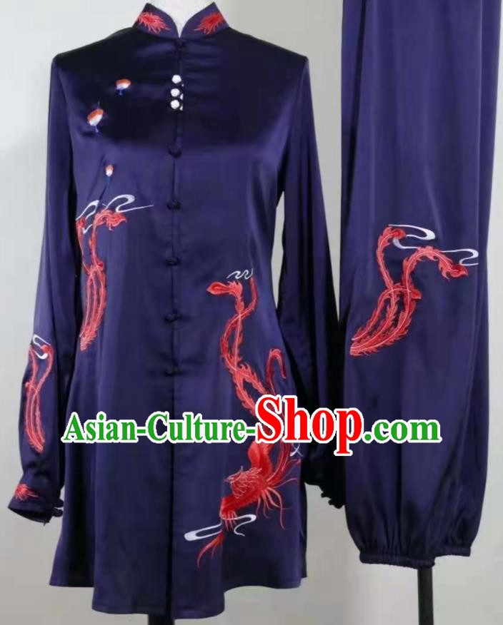 Chinese Wushu Competition Embroidered Phoenix Clothing Kung Fu Tai Chi Performance Suits Martial Arts Navy Outfits