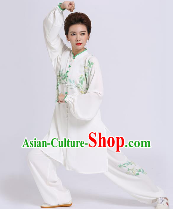 Chinese Martial Arts Printing Flowers White Outfits Kung Fu Tai Ji Competition Clothing Tai Chi Sword Performance Suits
