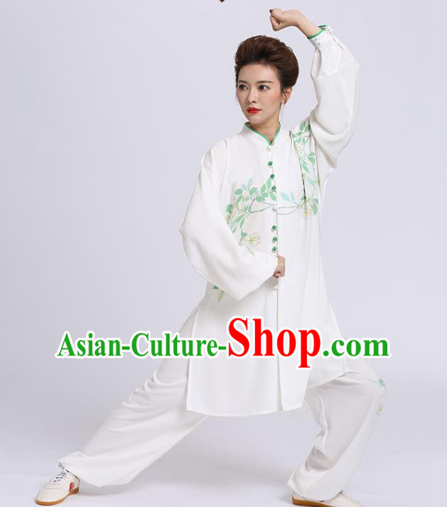 Chinese Martial Arts Printing Flowers White Outfits Kung Fu Tai Ji Competition Clothing Tai Chi Sword Performance Suits