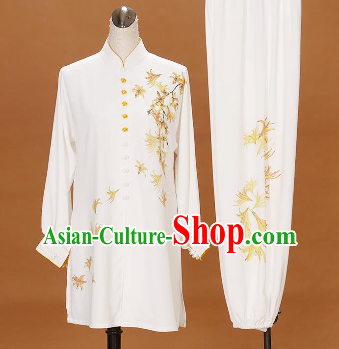 Chinese Tai Chi Sword Performance Suits Martial Arts Printing Maple Leaf White Outfits Kung Fu Tai Ji Competition Clothing