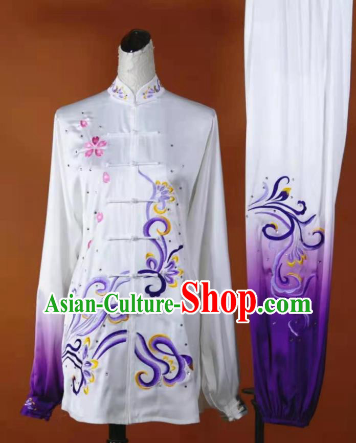 Chinese Kung Fu Tai Chi Performance Gradient Purple Suits Martial Arts Embroidered Outfits Wushu Competition Clothing