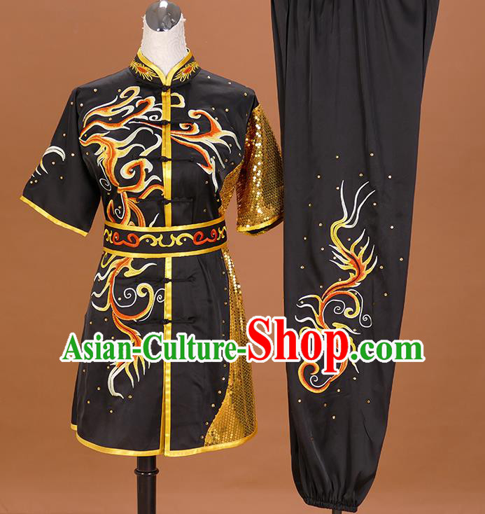 China Martial Arts Garment Costumes Kung Fu Tai Ji Performance Suits Wushu Competition Embroidered Black Uniforms