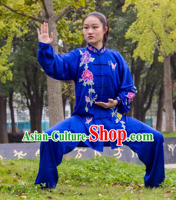 Chinese Martial Arts Competition Royalblue Outfits Kung Fu Tai Ji Embroidered Peony Clothing Tai Chi Sword Performance Suits
