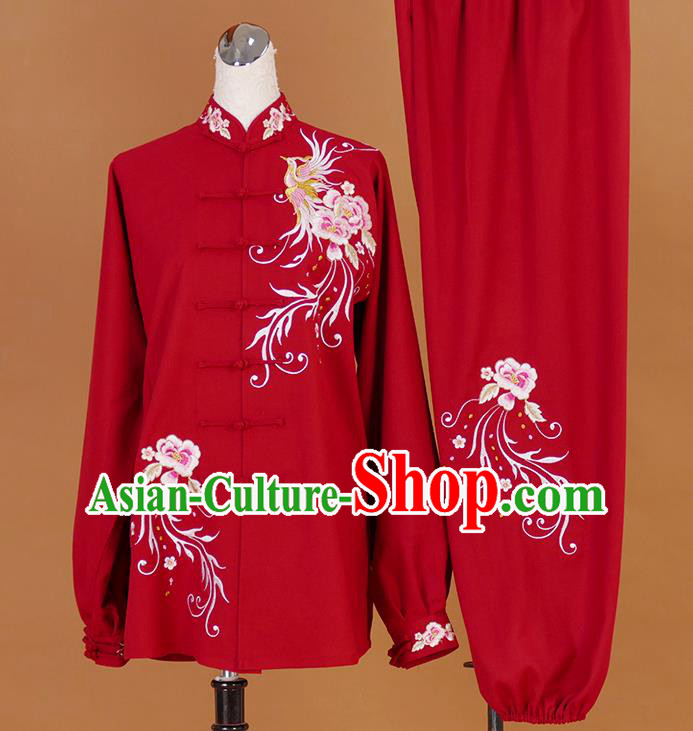 Chinese Martial Arts Competition Embroidered Phoenix Red Outfits Tai Ji Training Clothing Tai Chi Sword Performance Suits