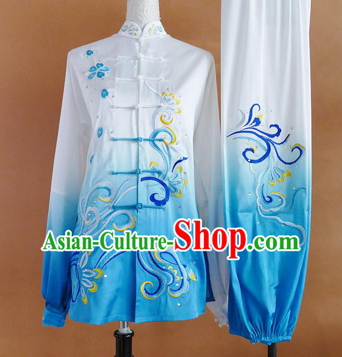 Chinese Wushu Competition Clothing Kung Fu Tai Chi Performance Gradient Blue Suits Martial Arts Embroidered Outfits