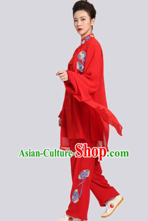 Chinese Tai Chi Performance Red Suits Martial Arts Competition Embroidered Clouds Outfits Kung Fu Tai Ji Training Clothing