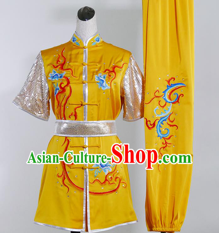 Chinese Kung Fu Tai Chi Performance Yellow Suits Martial Arts Embroidered Phoenix Short Sleeve Outfits Wushu Competition Clothing