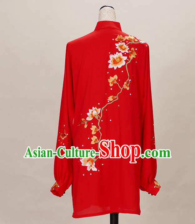 Chinese Kung Fu Wushu Competition Clothing Tai Chi Performance Red Suits Martial Arts Embroidered Mangnolia Outfits