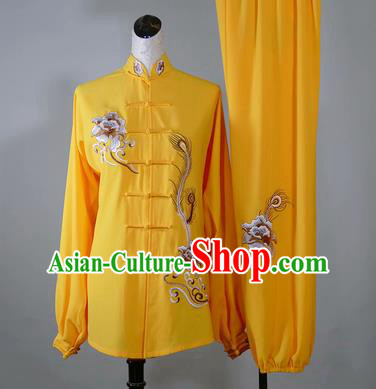 Chinese Tai Chi Performance Yellow Suits Martial Arts Embroidered Peony Outfits Kung Fu Wushu Competition Clothing