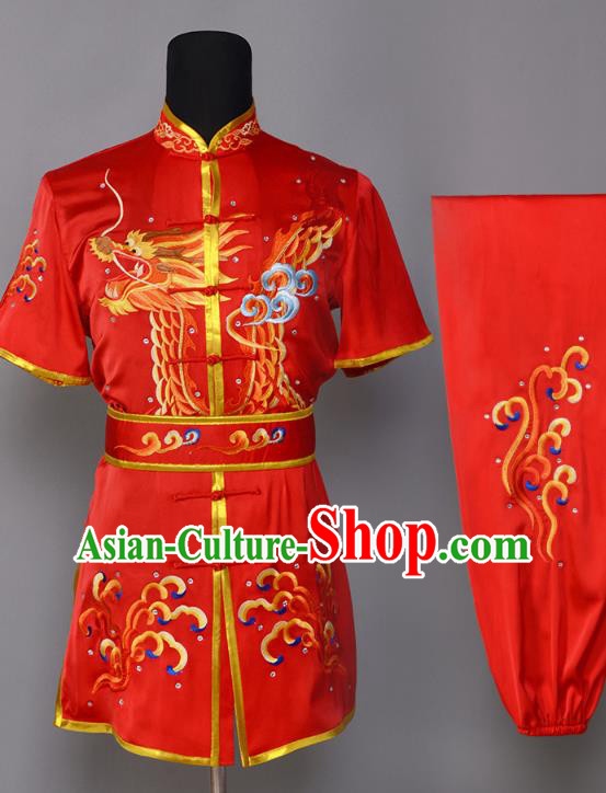 China Southern Boxing Garment Costumes Wushu Competition Embroidered Dragon Red Uniforms Martial Arts Clothing Kung Fu Performance Suits