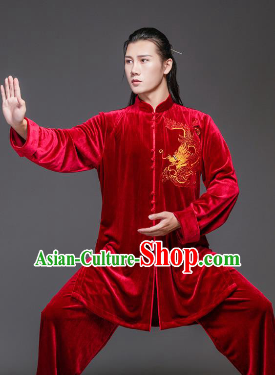 China Tai Ji Performance Embroidered Dragon Red Velvet Suits Tai Chi Garment Costumes Wushu Training Uniforms Martial Arts Clothing