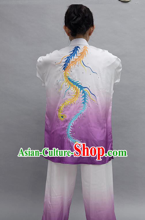 Chinese Tai Chi Performance Garment Costume Kung Fu Competition Suits Martial Arts Embroidered Phoenix Purple Outfits
